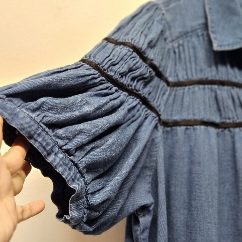 Maeve Leandra Shirred Yoke Mini Dress Size 2X Denim Button Down Ruffle Sleeves - Picture 8 of 15